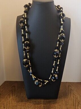 Vintage Tammey Jewels Black Faceted Crystal Glass Bead Opera Necklace Gold Tone